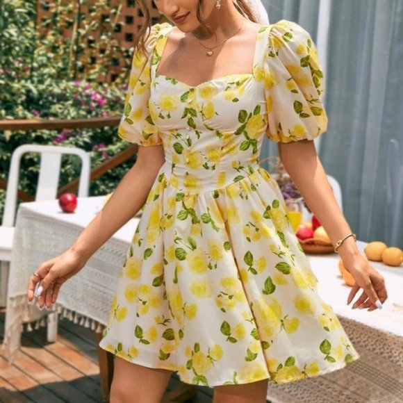 MODA ME COUTURE Dresses & Skirts - Yellow Floral Sweet Puff Sleeve Sweetheart Neck Mini Dress